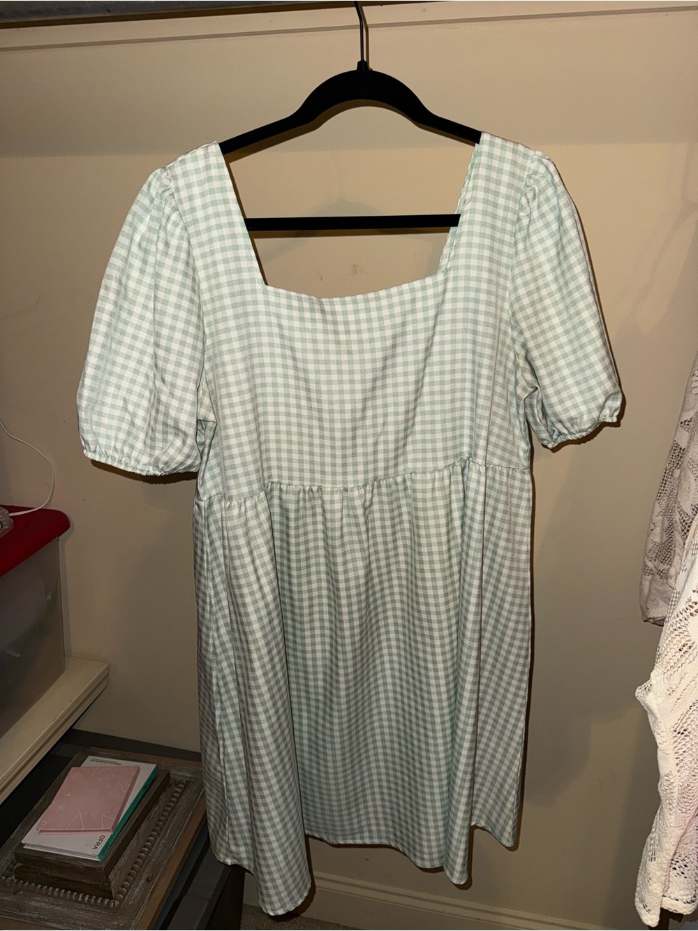 SHEIN Mint Gingham Square Neck Puff Sleeve Mini Dress